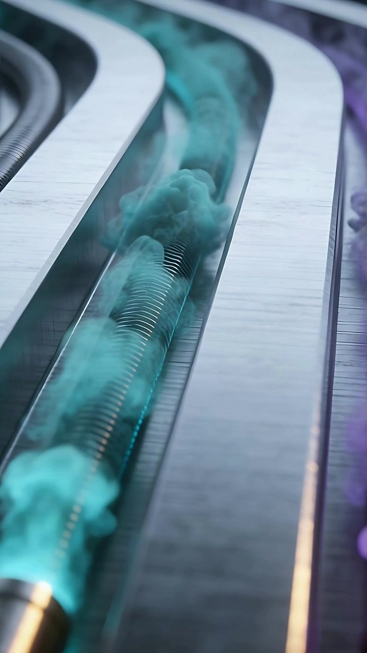 Vertical video: Cap emitting turquoise vapor rising in track wrapping screw for test by purple foam