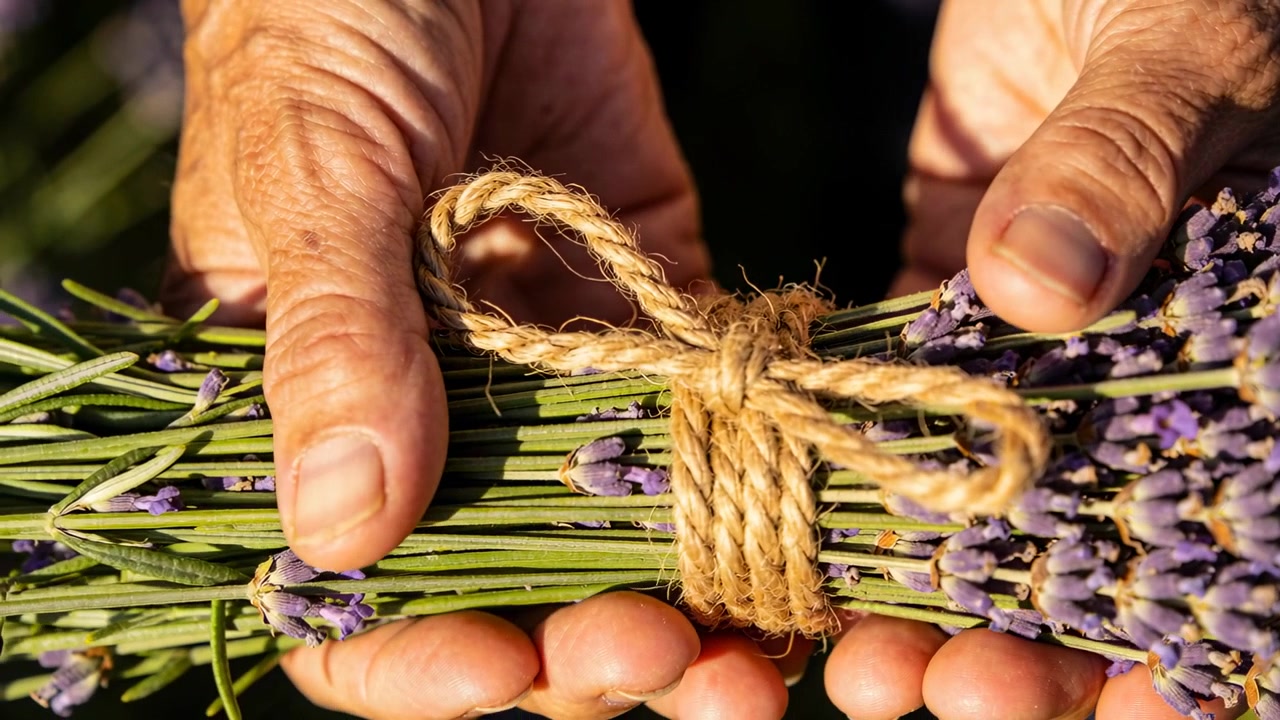 Persona con le mani a coppa che sistema e liscia un fascio di lavanda legato in giardino, con fiocco di spago di iuta.