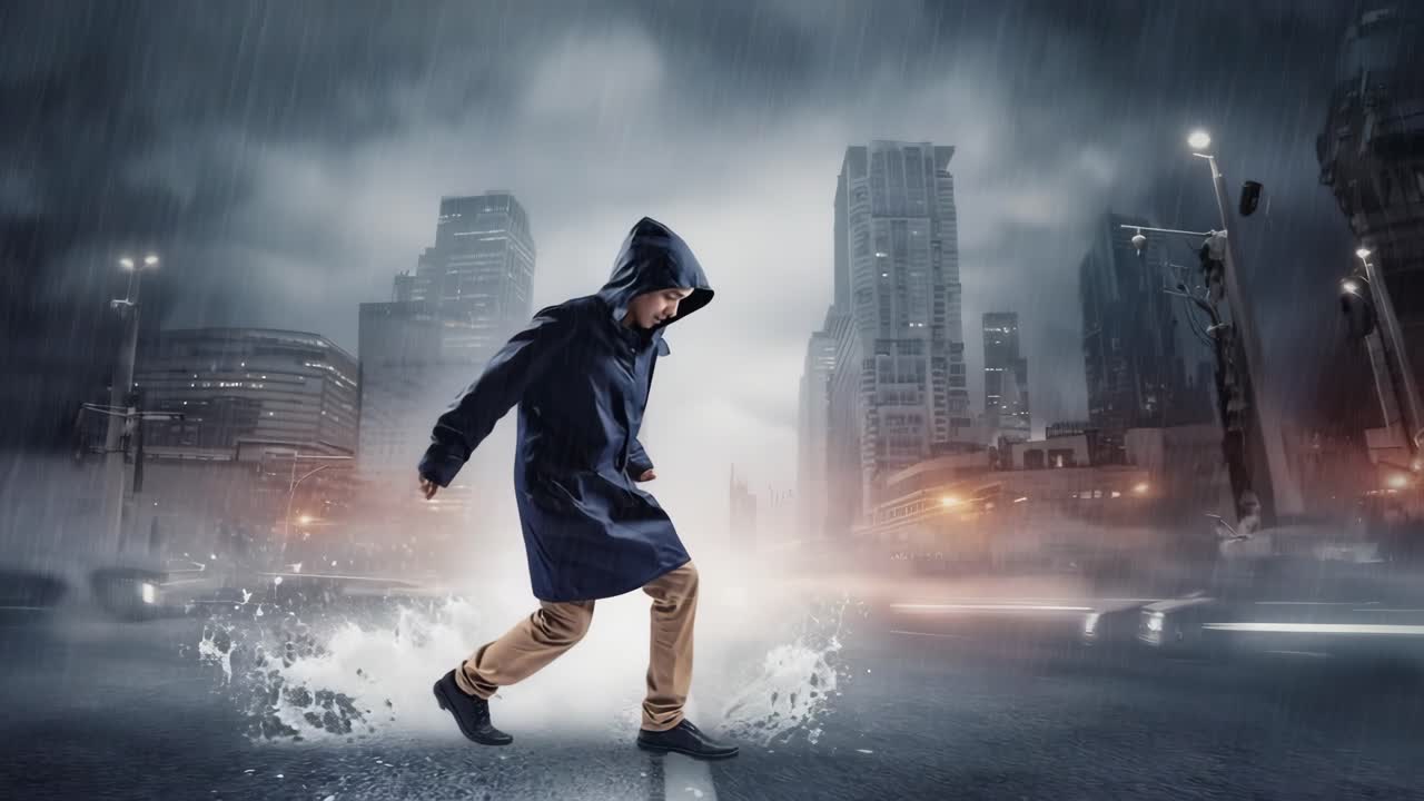 Man Walking in the Rain in the City