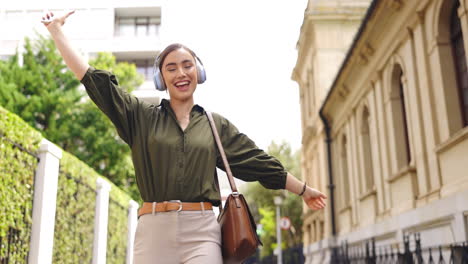 Happy,-dance-and-woman-in-city