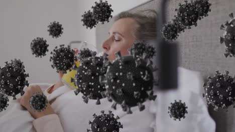 animación de células de virus sobre mujer caucásica acostada en la cama