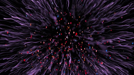 colorful confetti falling over purple light trail exploding against black background