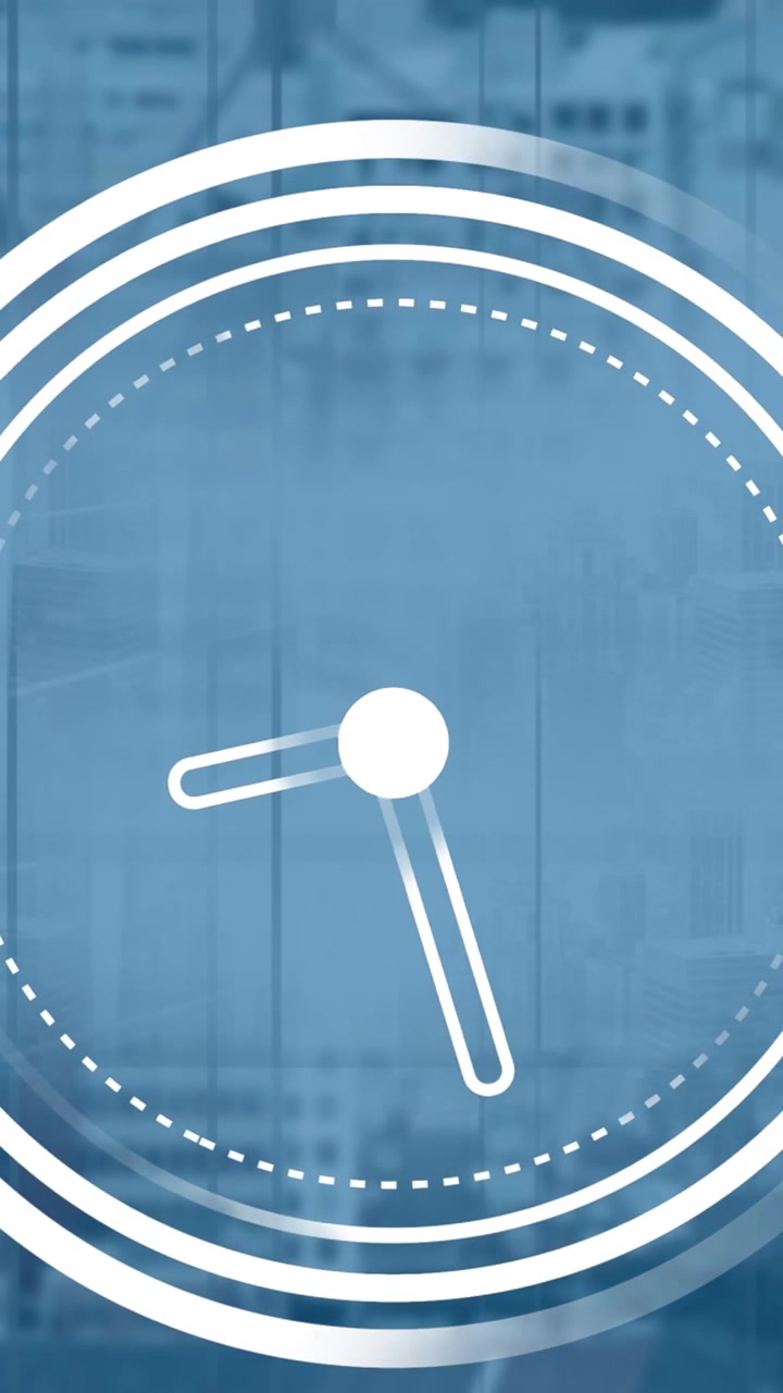 Animation of ticking clock icon against view of tall building