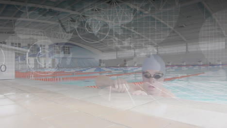 male swimmer emerging from pool edge in sports training, showing animated lane ropes and lap timer