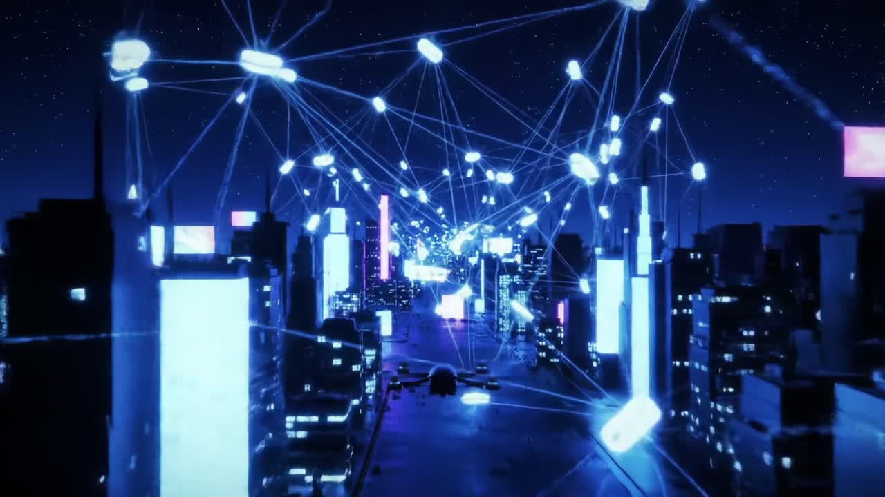 A Dazzling Nighttime Cityscape Teeming with Digital Connections and Vibrant Lights, Showcasing the Intersection of Technology and Urban Life