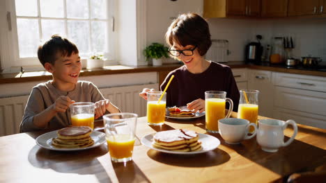 family enjoying breakfast at the kitchen table