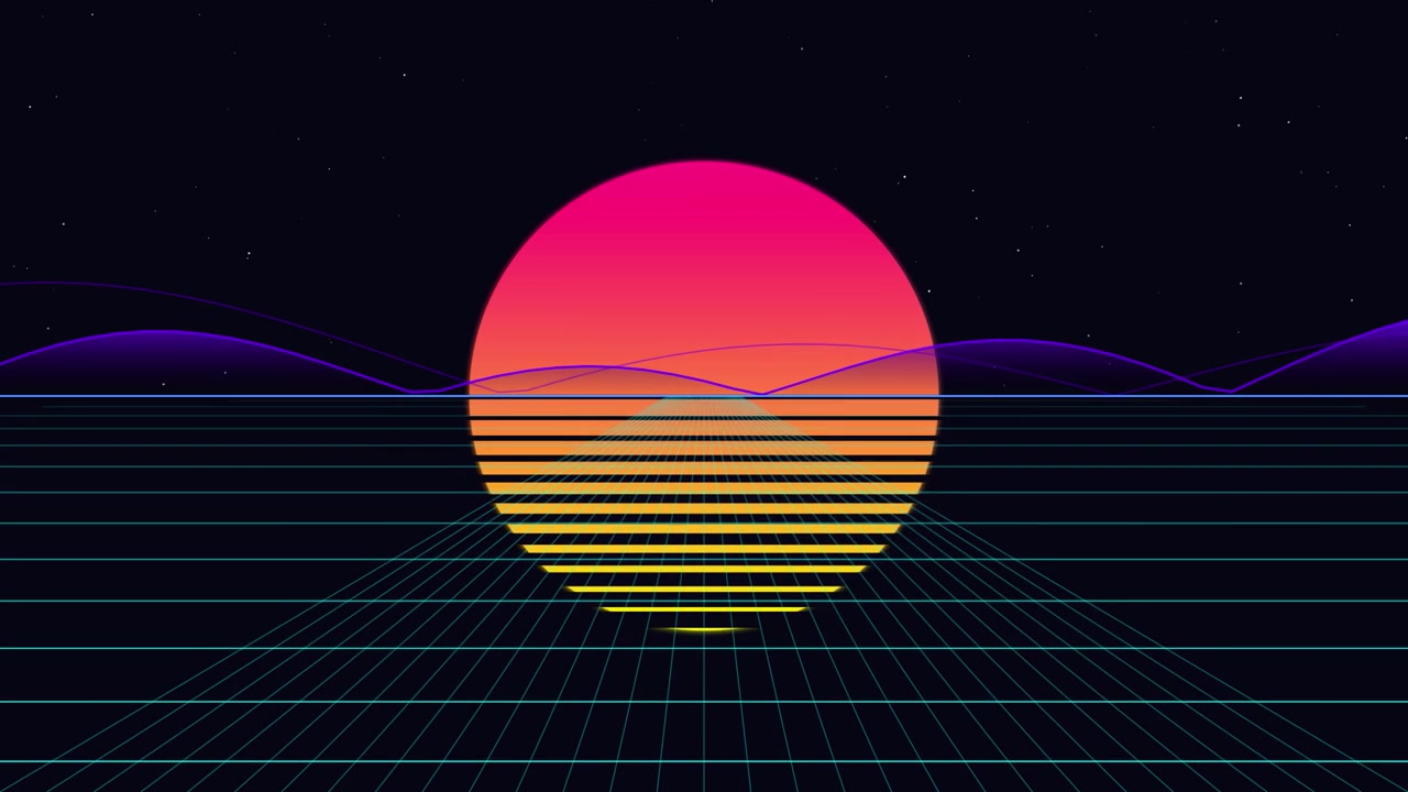 Retro Synthwave Style Sunset Over Digital Grid Landscape