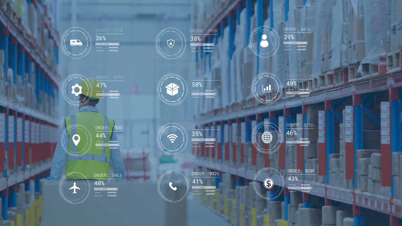 animación de procesamiento de datos digitales sobre hombre caucásico trabajando en un almacén