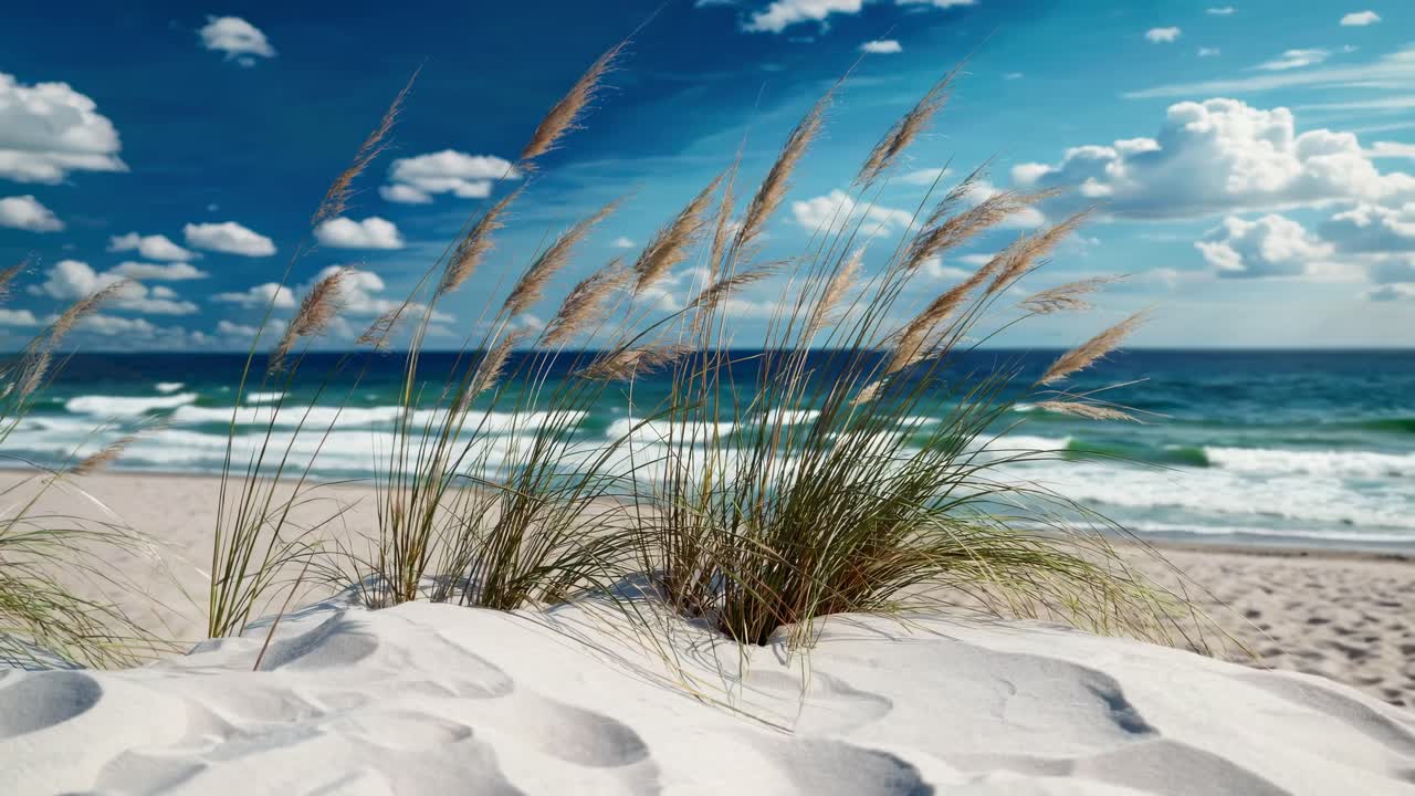 Low-angle video shot of a serene beach scene with tall grass swaying in the breeze, soft sand