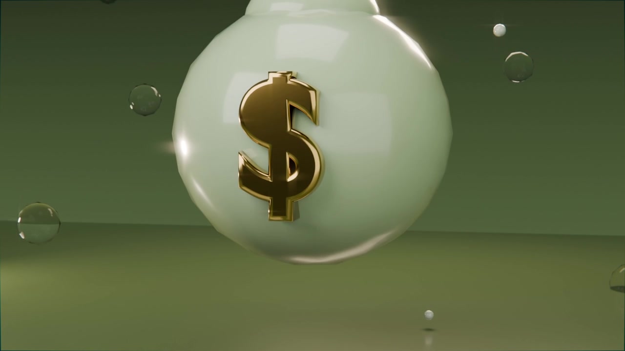 Esfera flutuante girando em direção à câmera durante aproximação em estúdio, exibindo cifrão dourado e bolhas