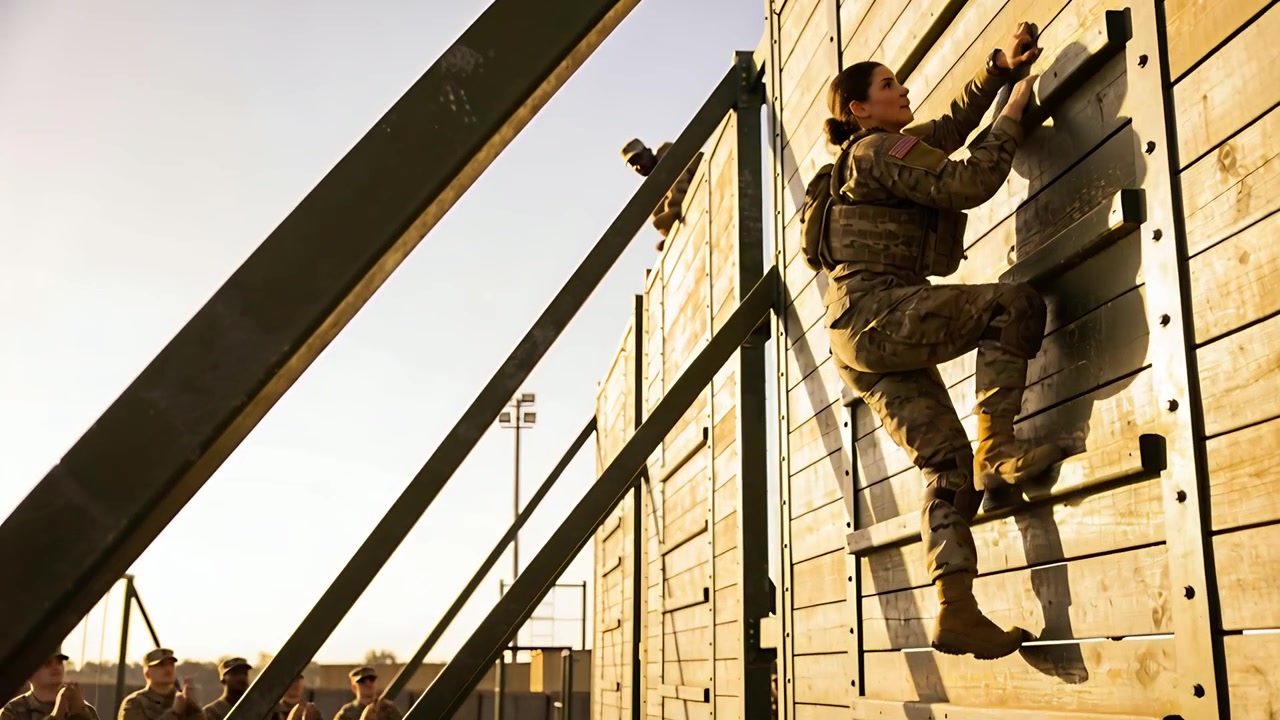 Soldado camuflado escalando, começando de baixo e subindo uma parede de madeira em um complexo de treinamento, com espaço para texto