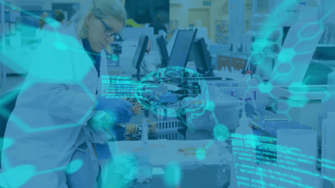 Scientific data processing animation over laboratory researchers working with equipment