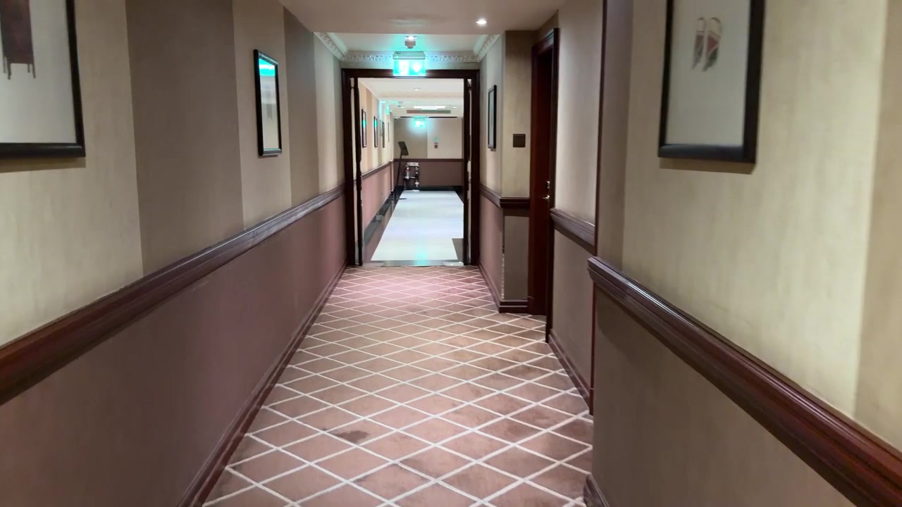 Movimiento suave de cámara a través de un pasillo tranquilo y elegante con iluminación cálida y molduras de madera