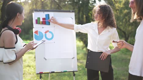 group of young cheerful startupers standing in spring summer park in sunshine talking analyzing business strategy. confident caucasian women and man talking smiling planning ideas. slow motion.