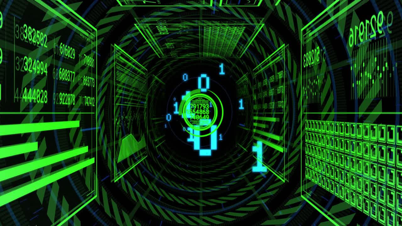 Camera floating into green tunnel rotating rings drifting binary digits panels updating analytics