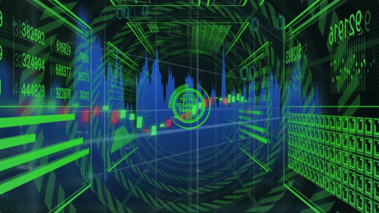 as wireframe tunnel appearing, HUD reticle updating real-time data with candlestick chart advancing
