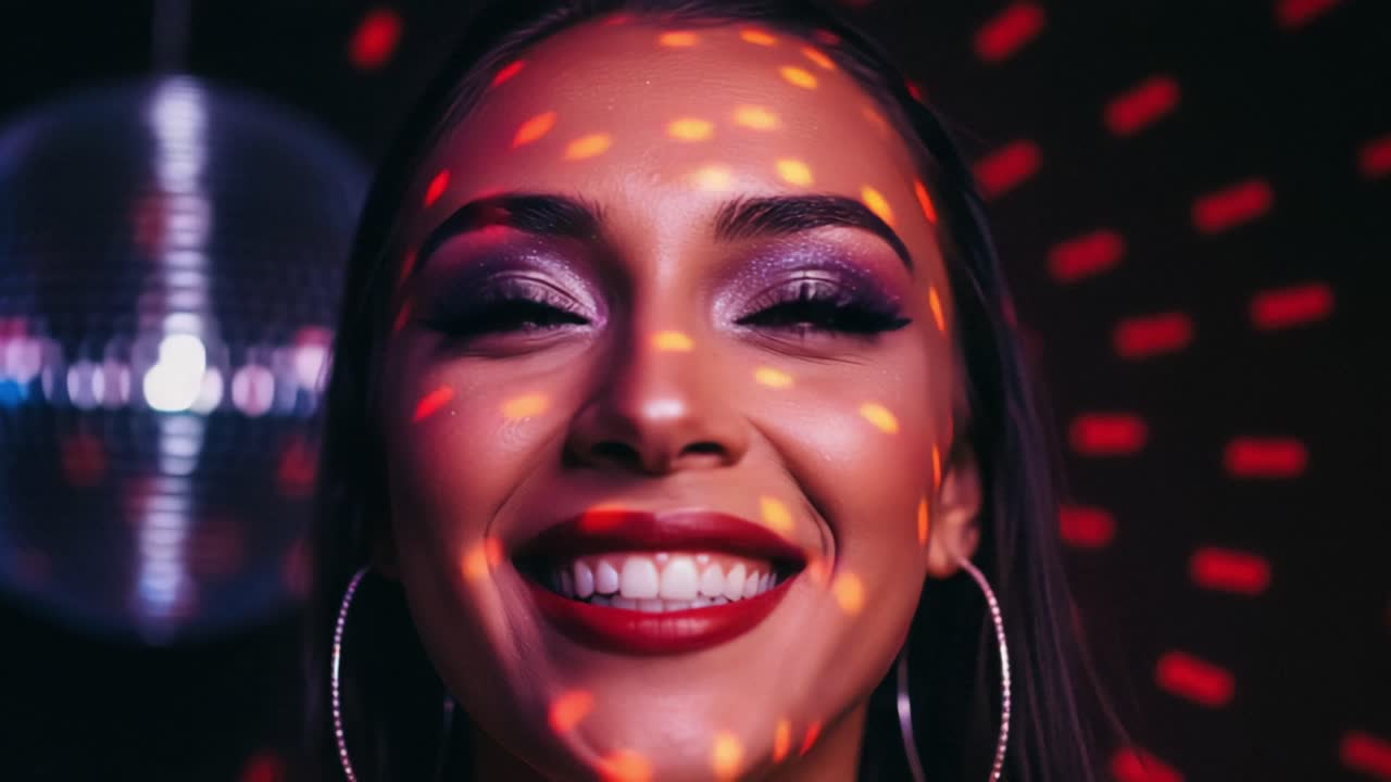 Un momento affascinante: una donna sorridente con trucco scintillante e luci colorate riflesse sul viso in un ambiente disco giocoso
