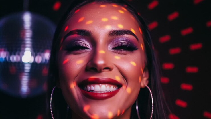 Un momento affascinante: una donna sorridente con trucco scintillante e luci colorate riflesse sul viso in un ambiente disco giocoso