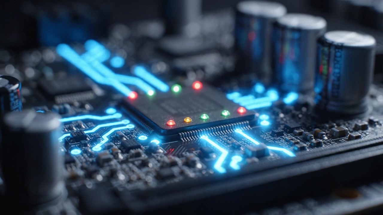 A Close-Up Look at a Circuit Board: Exploring the Intricate Design and Vibrant LED Lighting of Modern Electronics in a Detailed Macro Perspective
