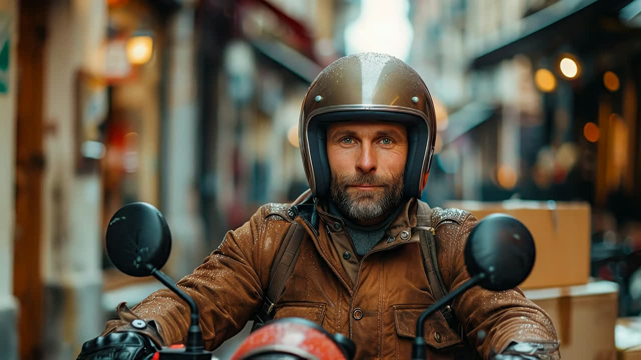 Hombre conduciendo una motocicleta en una calle de la ciudad. Un hombre está sentado en una motocicleta en una calle estrecha con tiendas. Es un día lluvioso y lleva un casco.