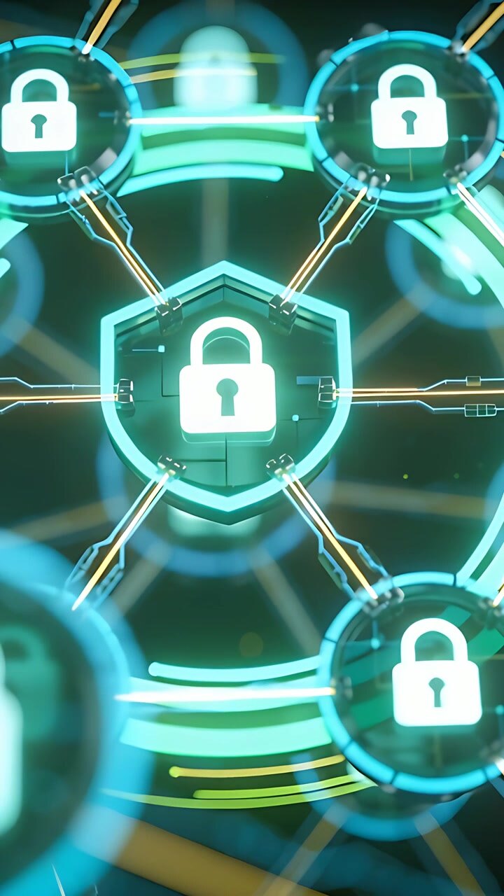 Vertical video: Starting sequence hex shield pulsing in UI, traces and nodes signaling secure