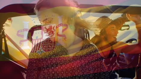 spanish flag animation over friends enjoying road trip in convertible