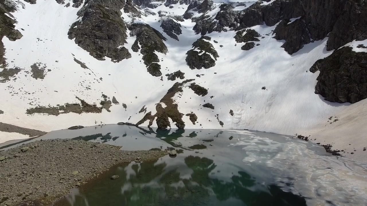 Vista aerea di un lago alpino circondato da montagne innevate