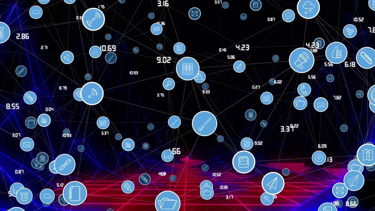 Animation of network of connections with icons on black background