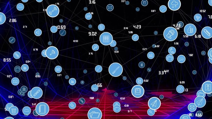 Animation of network of connections with icons on black background