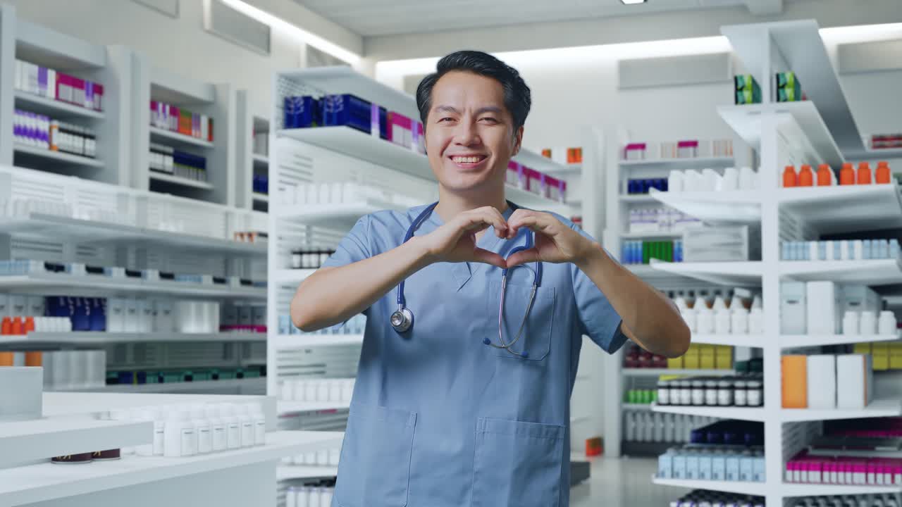 스테토스코프를 들고 있는 아시아 남성 의사 가 약국 에서 심장 몸짓 을 하고 미소 짓고 있다