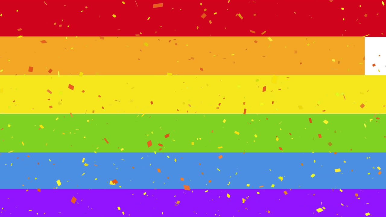 animación de orgullo y confeti sobre fondo de arco iris