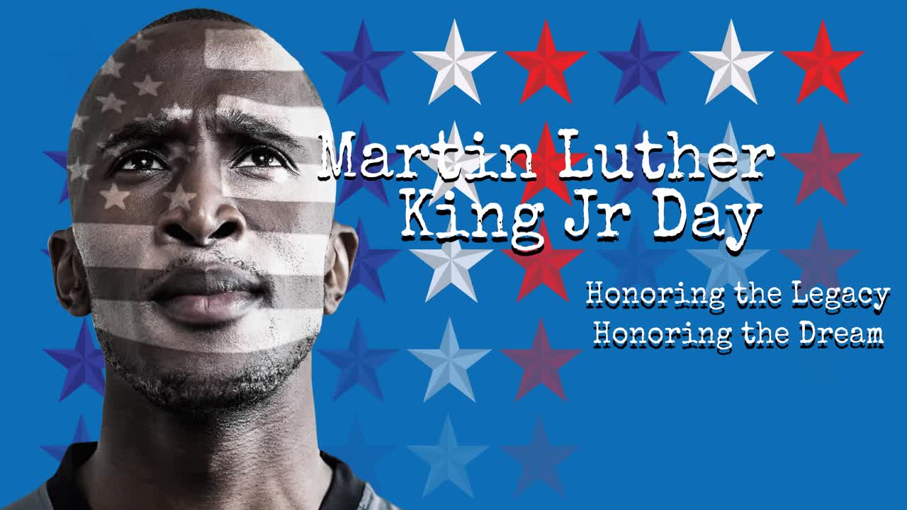 Martin luther king jr day text banner and african american male athlete on blue background