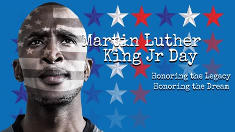 martin luther king jr day text banner and african american male athlete on blue background