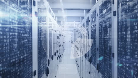 animation of scope scanning and data processing over tech room with computer servers