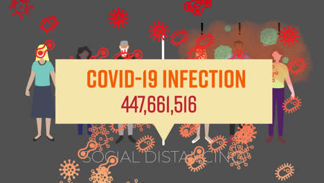 covid-19 infection text with increasing cases over people maintaining social distancing