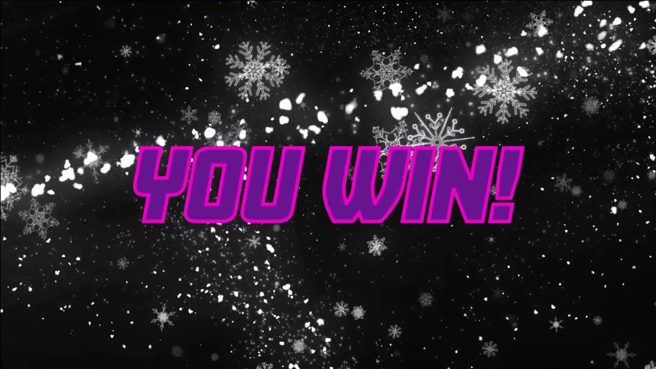You win! text animation over sparkling particles and snowflakes on dark background