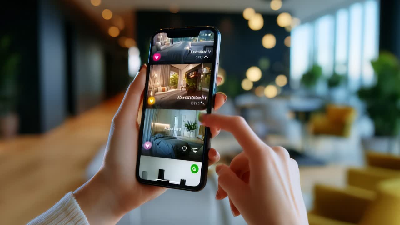 Esplora design di interni moderni tramite l'app mobile: utente con elenchi di arredamento eleganti in uno spazio luminoso e contemporaneo con illuminazione calda