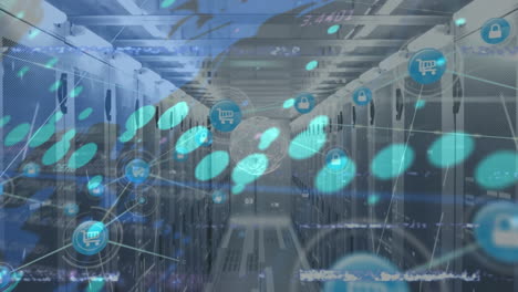 animación de la red de conexiones y procesamiento de datos con el mapa del mundo sobre la sala del servidor