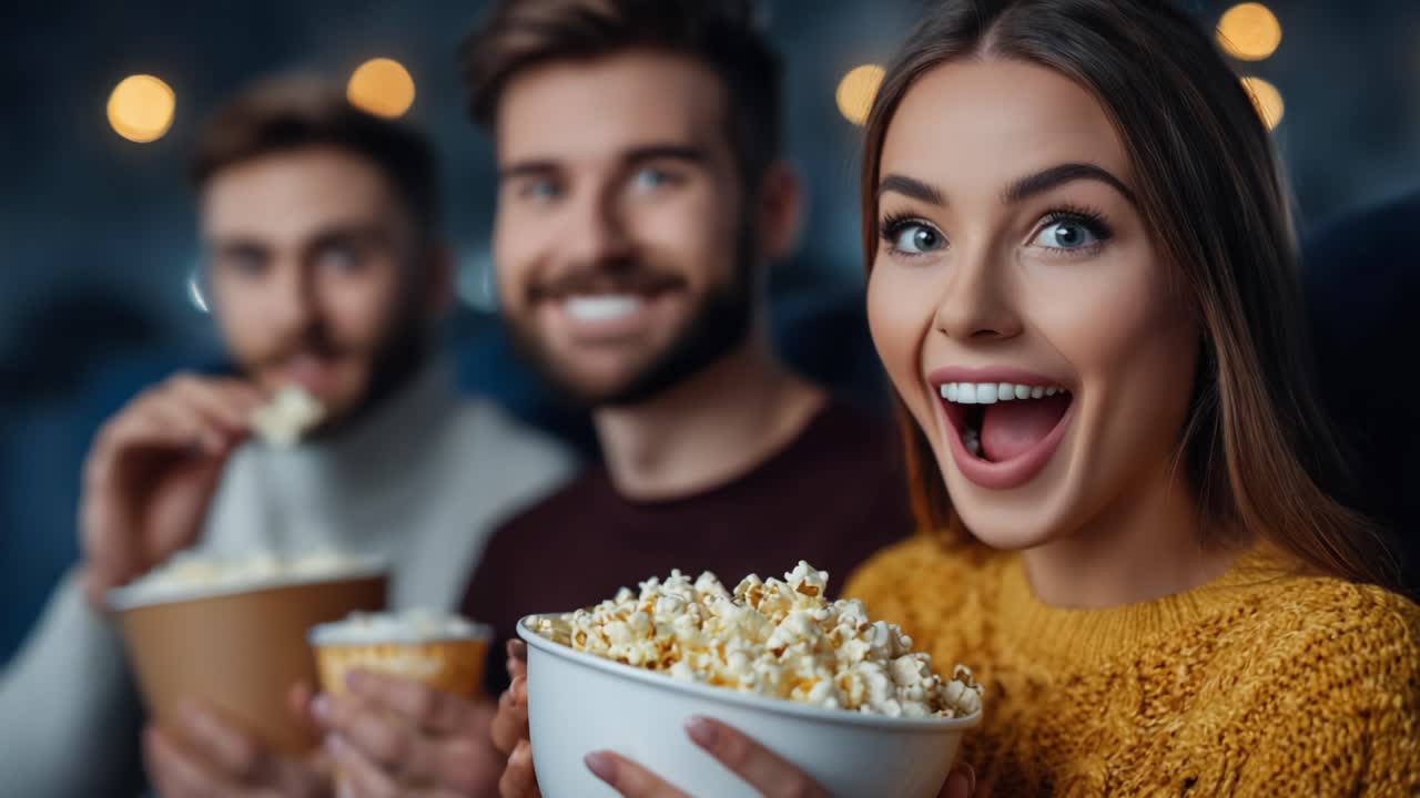 En gruppe venner nyder en filmaften sammen med popcorn, smil og en hyggelig atmosfære, perfekt til grin og underholdning