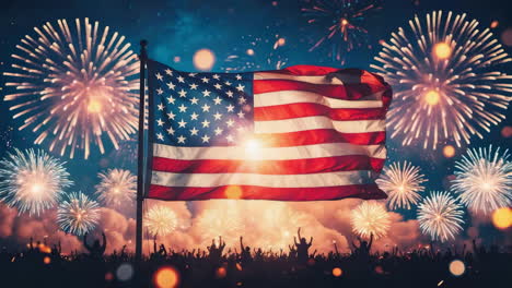 american flag with fireworks and celebrating crowd