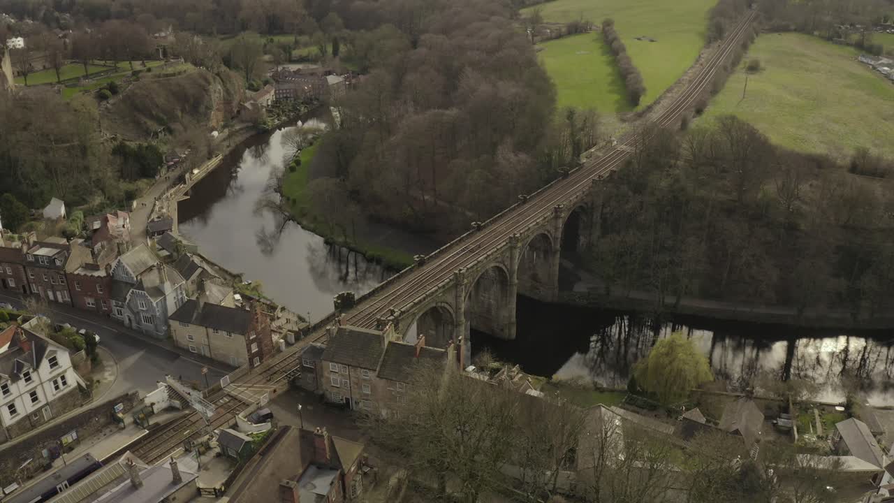 drone shot of a bridge roman viaduct in knaresborough North Yorkshire