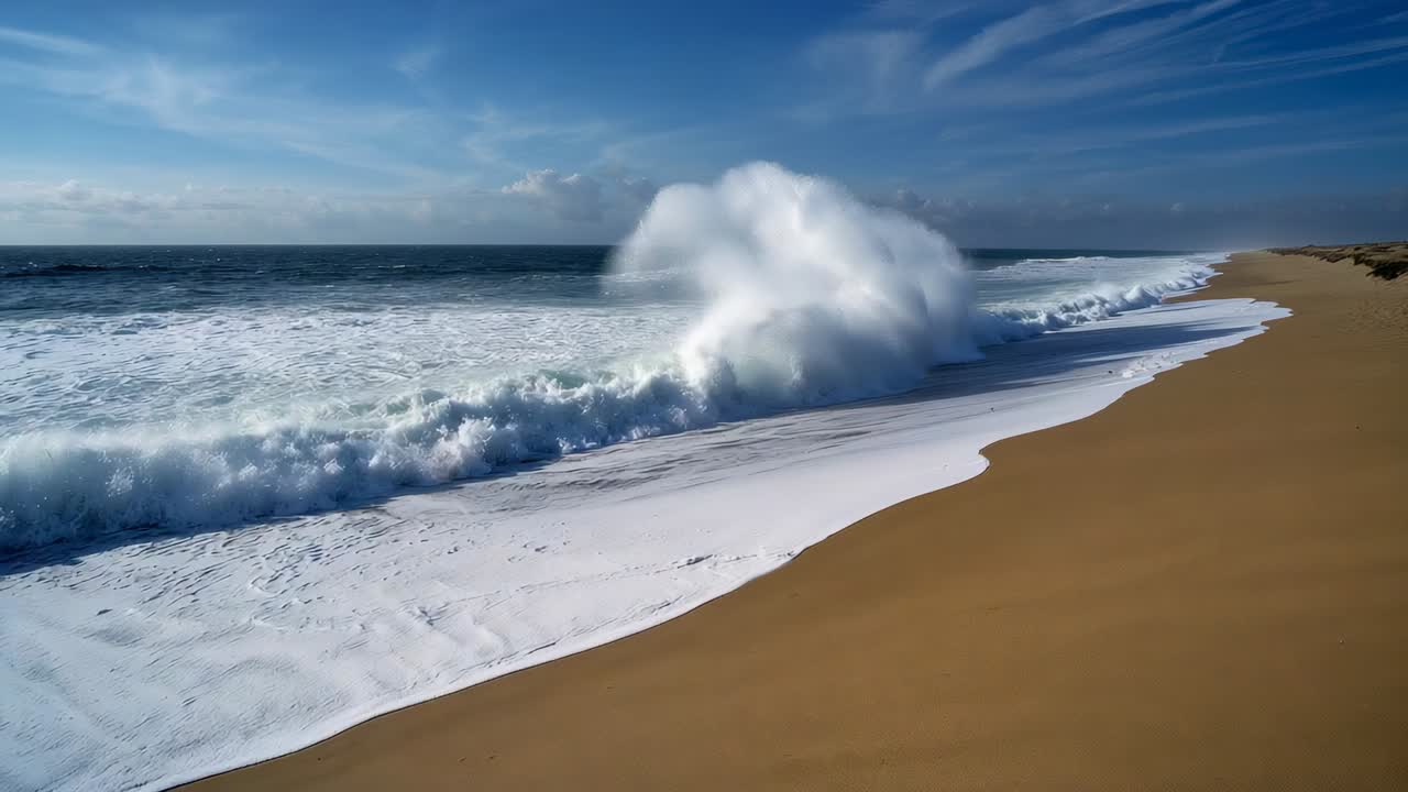 Cresting foamy ocean waves breaking onto sandy beach, spreading white foam with rhythmic ebbing