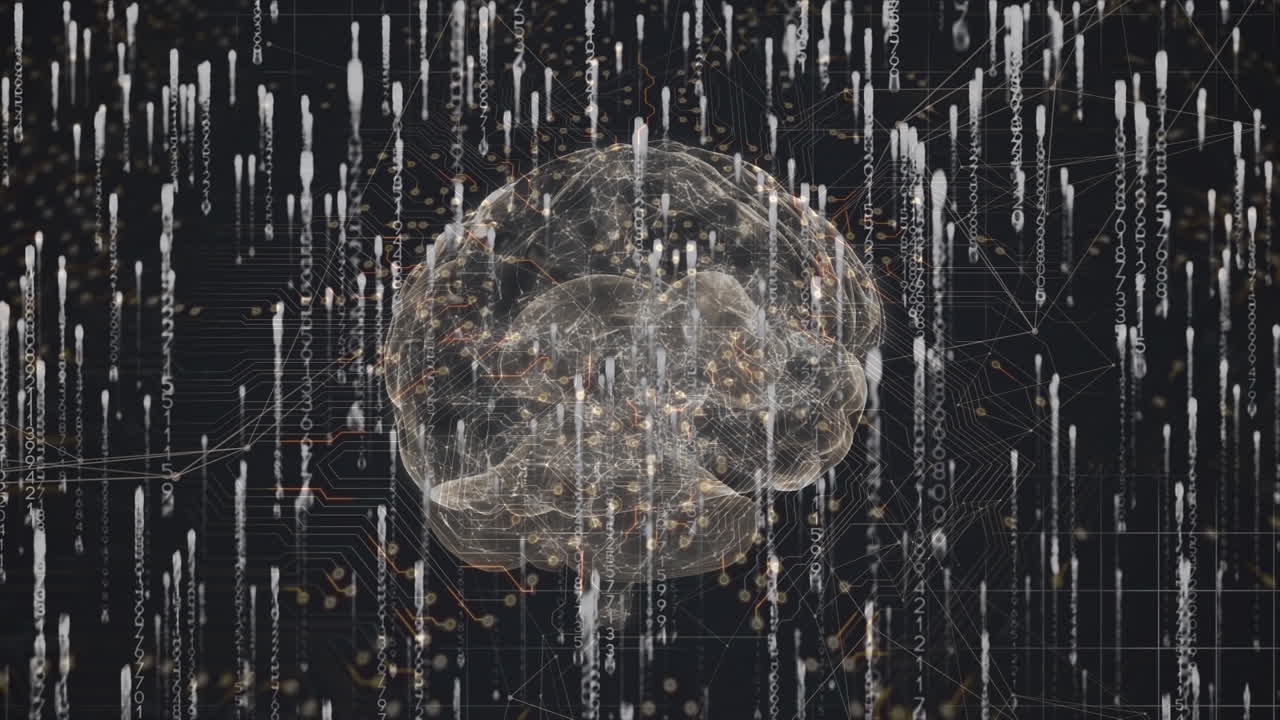 검은 바탕에 떨어지는 불빛 위에 뇌의 애니메이션