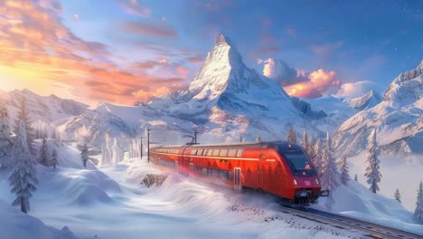 red train through snowy swiss alps at sunrise/sunset