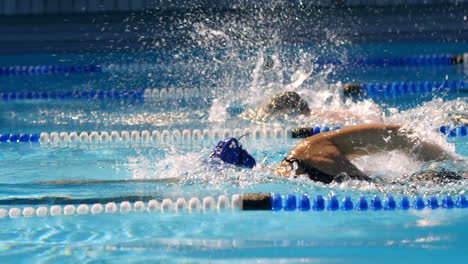 man and woman swimming together inside the pool 4k