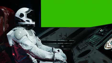 los astronautas vuelan en una nave espacial interestelar que pasa por un nuevo planeta inexplorado. la animación es perfecta para la ciencia ficción, los fondos futuristas o espaciales. vista de la nave espacial con un astronauta.