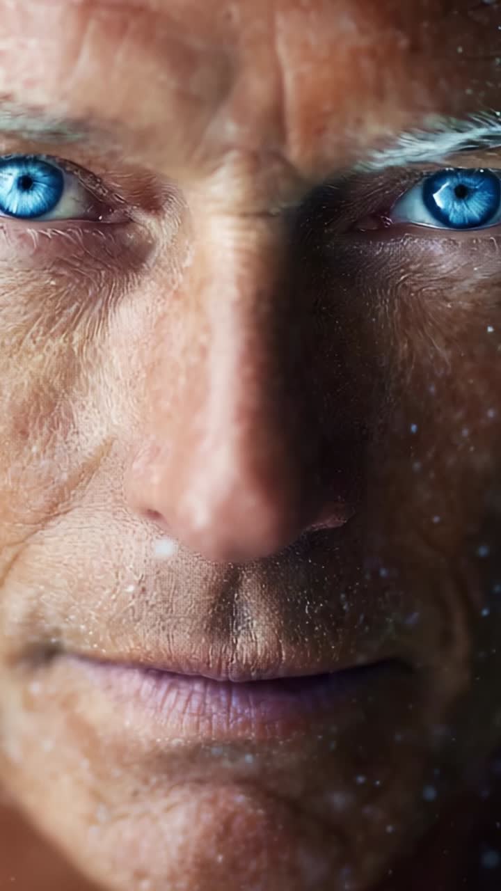 Intense Close-Up of a Man with Striking Blue Eyes, Capturing His Determined Expression Underwater, Surrounded by Bubbles and Soft Lighting Effects