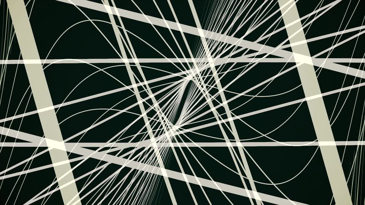 Abstract narrow white lines crossing and forming rhomb tunnel on black background. Animation. Monochrome animation of many narrow lines and waves, seamless loop