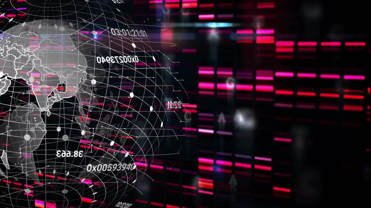 Magenta bars initiating wireframe globe entering from right rotating labels sliding showing network