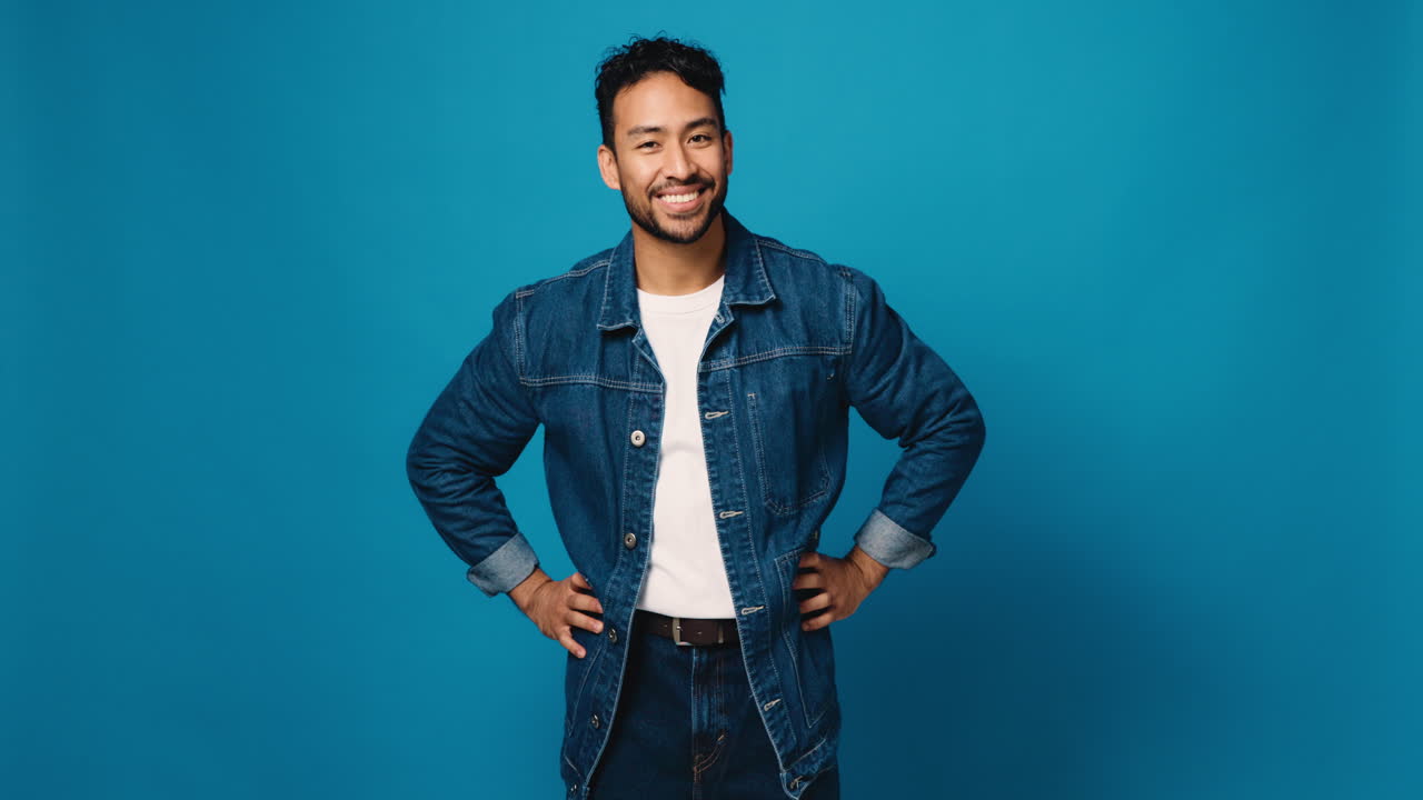 Smiling man in denim jacket on blue background